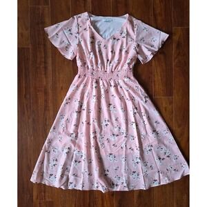 Gentleherd Pink Floral Chiffon Midi Dress V-Neck Smocked Waist Flutter Sleeve M